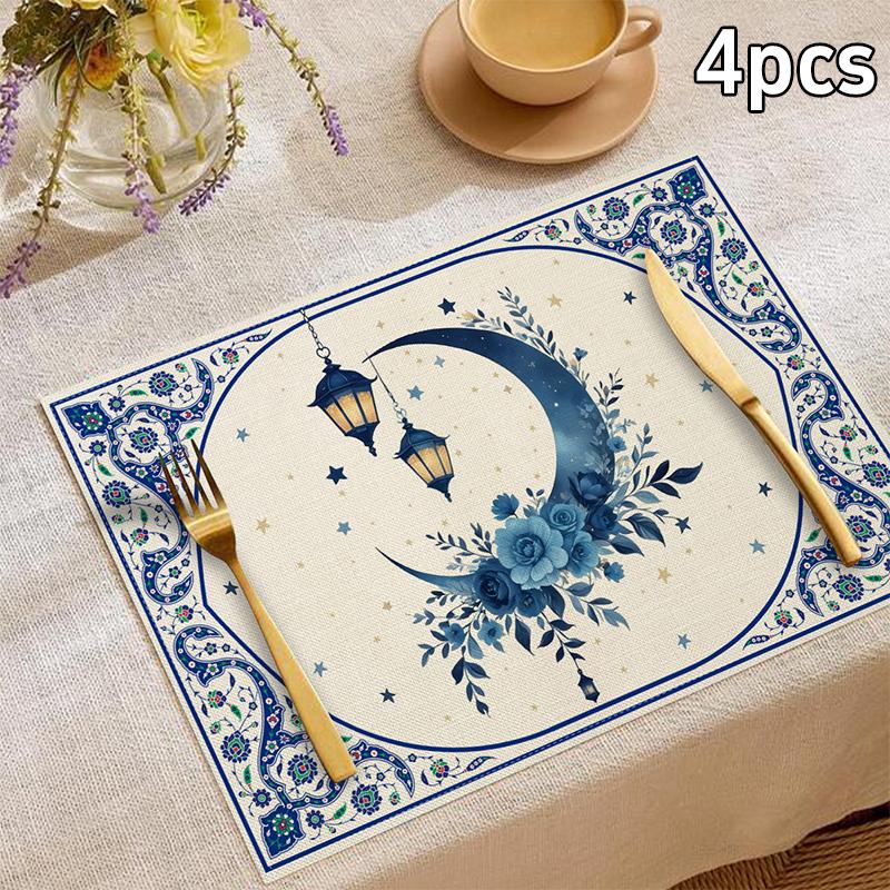 Islamic Style Moon Architecture Linen Table Mat Middle East Ramadan Rectangular Heat-resistant Placemat Accessories Cute Gifts