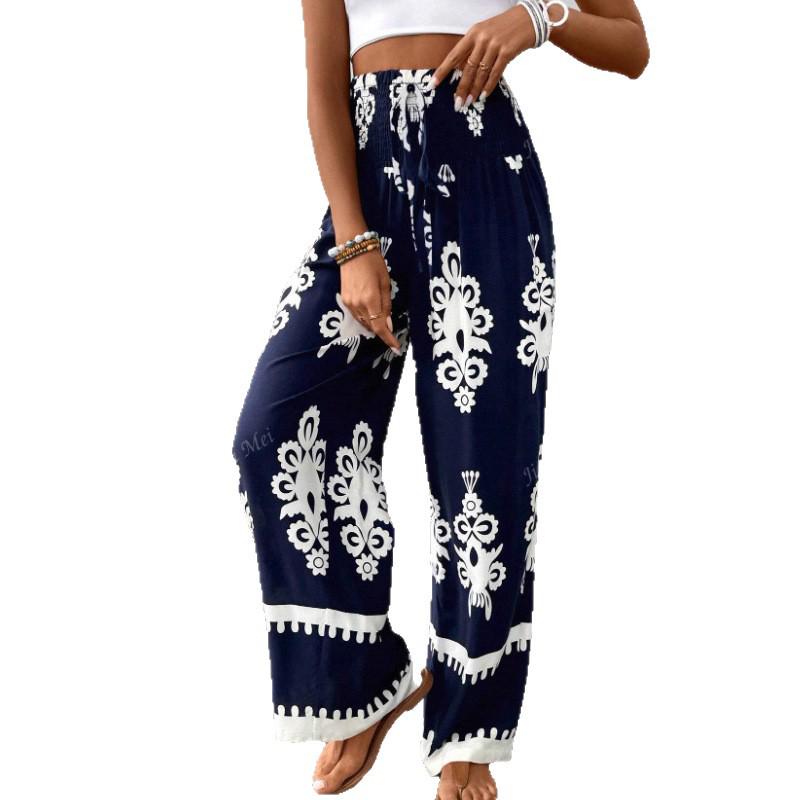 

2025 Trendy European-American Women s Printed High-Waisted Wide-Leg Pants S темно-синього кольору