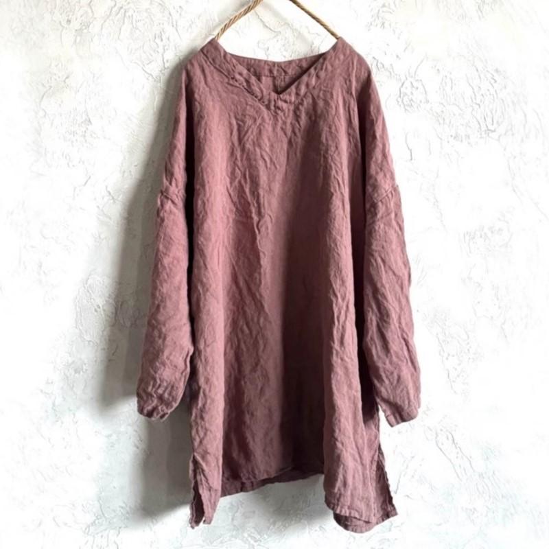 

Johnature Women Vintage Embroidery T-Shirts V-Neck Long Sleeve Spring Solid Color Women Loose Long T-Shirts One Size