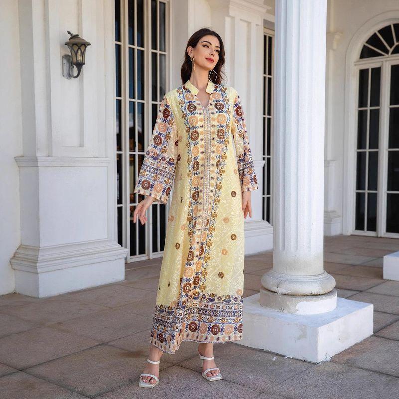 

Ближневосточная трансграничная женская одежда Халат Вышитая ткань Дубай Принт Горячая отделка стразами Женское платье макси Арабское платье Платье Yellow 2 2XL