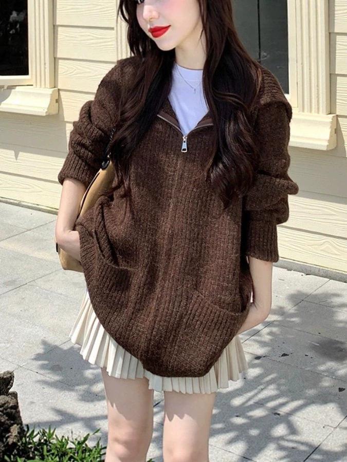 2026 Plus Size Women's Autumn Hooded Knit Sweater: Casual Long Sleeve, Loose Fit, Slimming Zipper Top