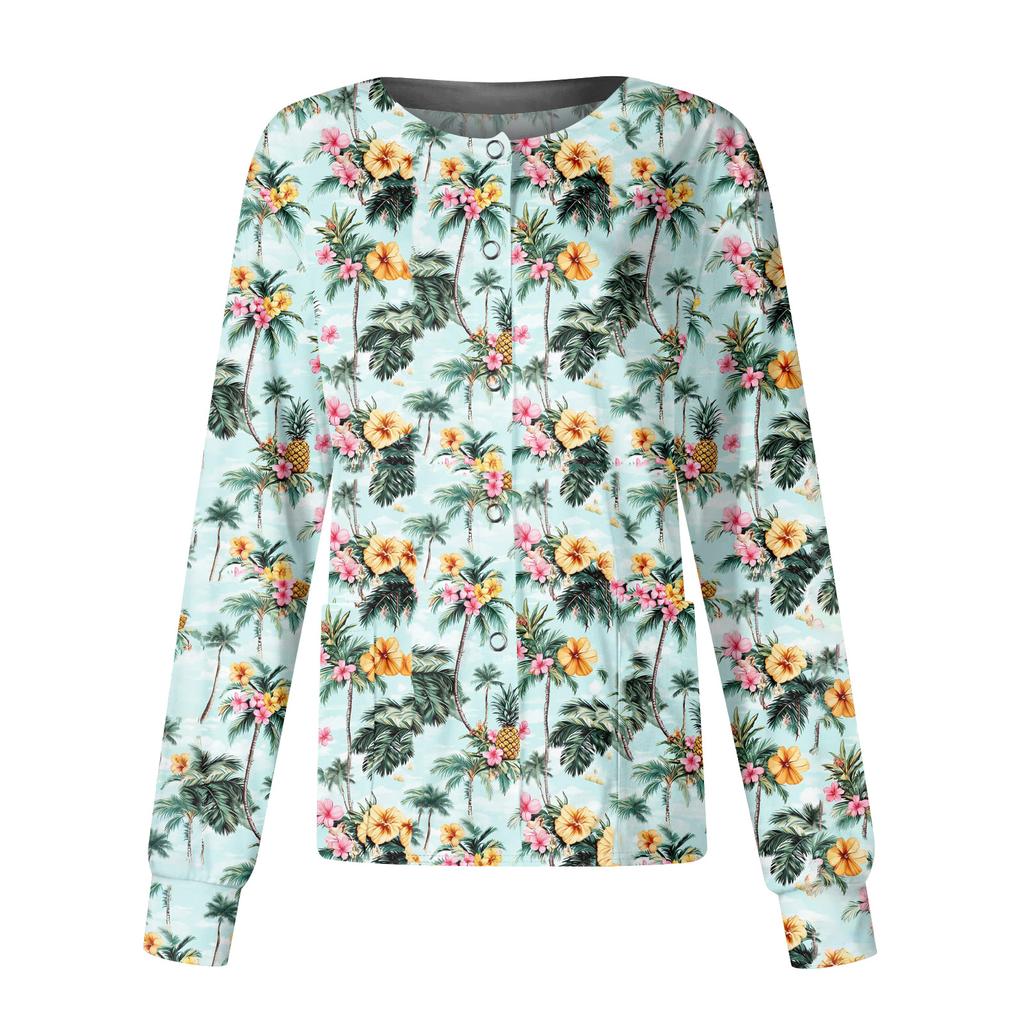Jachetă Top Casual de Modă pentru Femei, cu Mâneci Lungi, Guler Înalt, cu Nasturi pe o Parte, Imprimeu Floral, pentru Îngrijitor