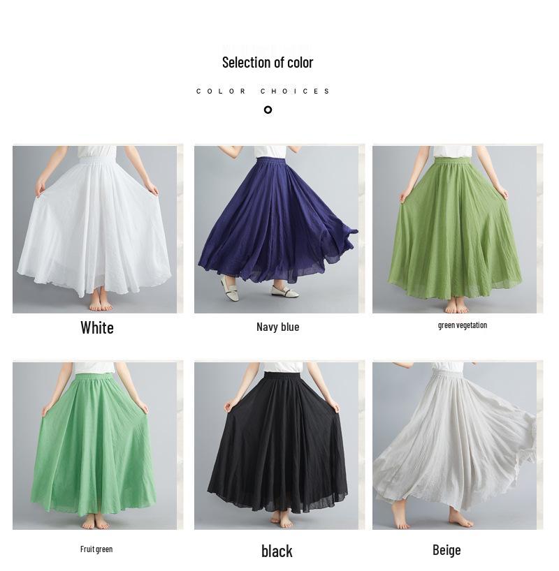2024 Japan & Korea Loose Cotton-Linen Elastic Waist Midi Skirt – Solid Color A-line Swing Skirt