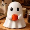 Funny Worker Gift for Coworkers Ghost Drinking Coffee Figurine Cute White Holding Orange Mug Statue Spooky Charming Desktop Figurine Set Halloween