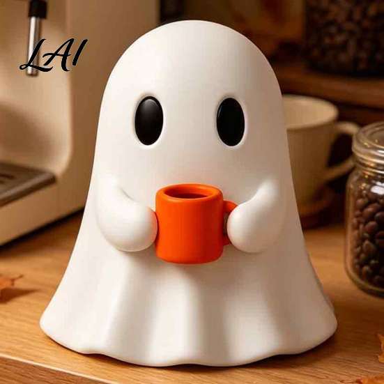 Funny Worker Gift for Coworkers Ghost Drinking Coffee Figurine Cute White Holding Orange Mug Statue Spooky Charming Desktop Figurine Set Halloween