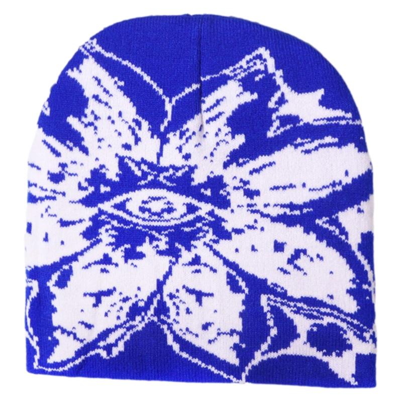 Unisex Jacquard Eye Flower Pattern Knitted Beanies Hat Fashionable Winter Warm Hiphop Bonnet Skull Hat for Men and Women
