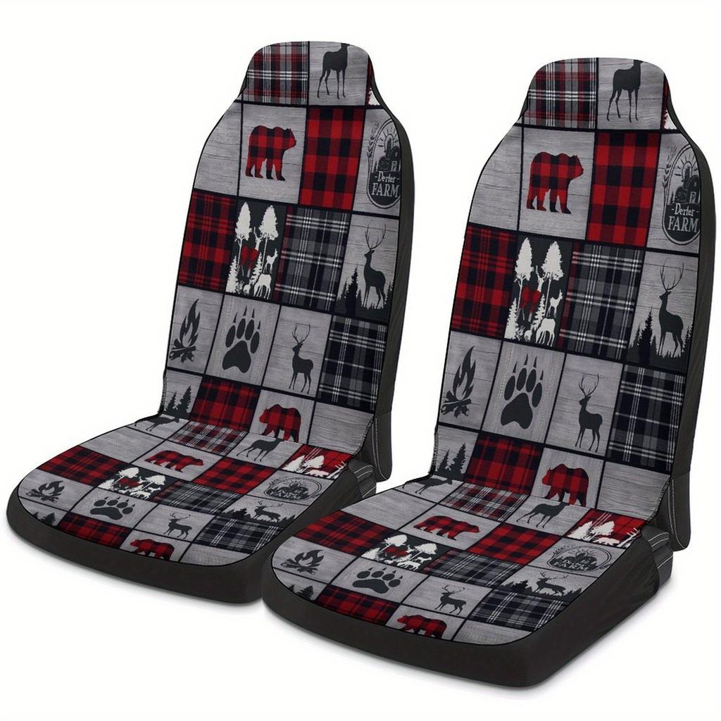 Red Black Plaid Wildlife Designed Car Seat Cover Set For Most Cars, High-quality Comfortable Car Seat Protector Covers Full Set,