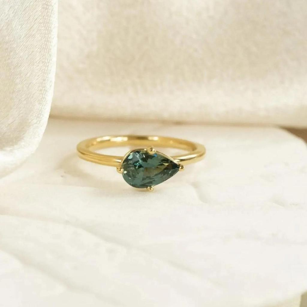 1.5ct East West Pear Teal Sapphire Engagement Ring: Dainty Yellow Gold Plated Solitaire Wedding Ring: Art Deco Bridal Jewelry Gift