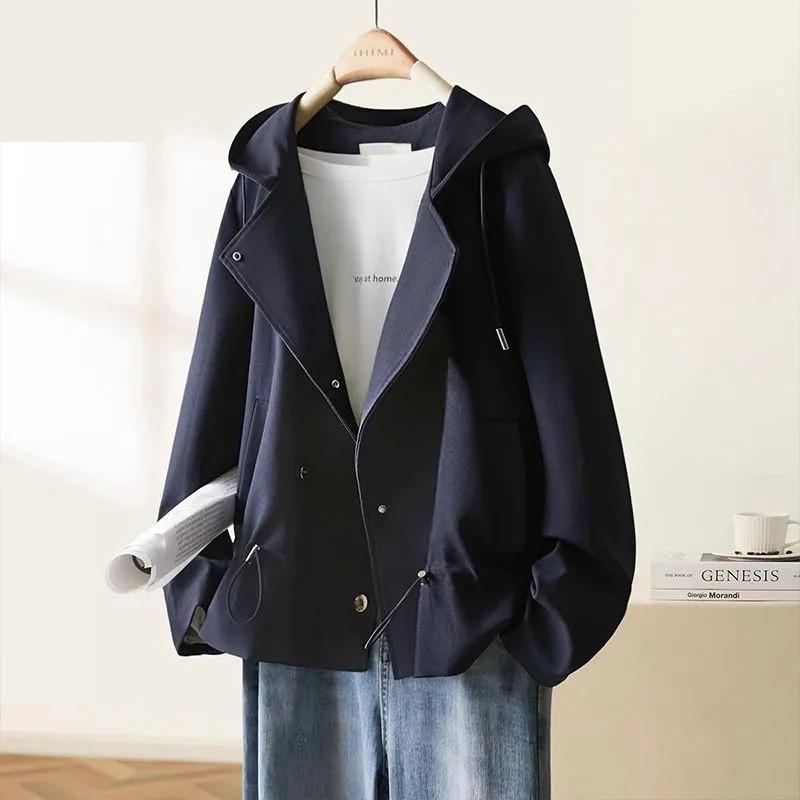 

Весенне-осенняя куртка женская с капюшоном короткая ветровка пальто женская свободного кроя с чувством дизайна верхняя одежда нишевое пальто женские топы XL темно-синий