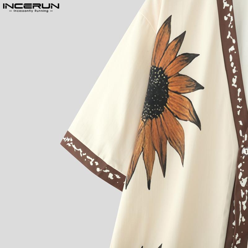 INCERUN Men Half Sleeve Stitching Floral Print Casual Irregular Long Cardigan Tops