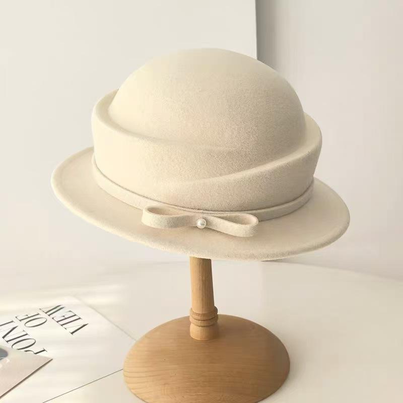 New 100% Wool Hat Bell Hat Women's French Elegant Retro Hepburn Autumn and Winter Celebrity Pearl Wool Felt Bucket Hat