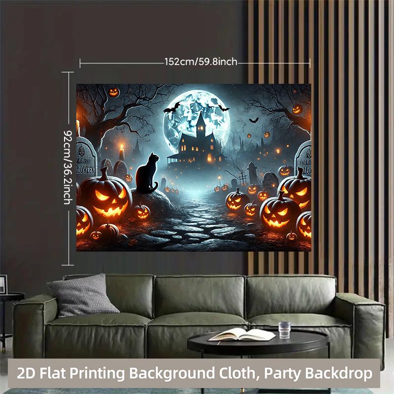 1 Piece of 2D Background Fabric a Vibrant Polyester Background Depicting Pumpkins and Cats In a Halloween Cemetery Setting
