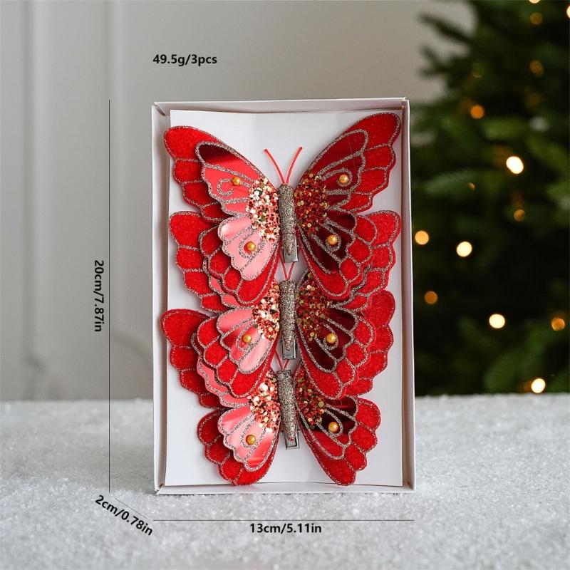 Pack Of 3 Double Layer Butterfly Christmas Tree Clip Accessory Elegant Fabric Ornament For Holiday Decorations