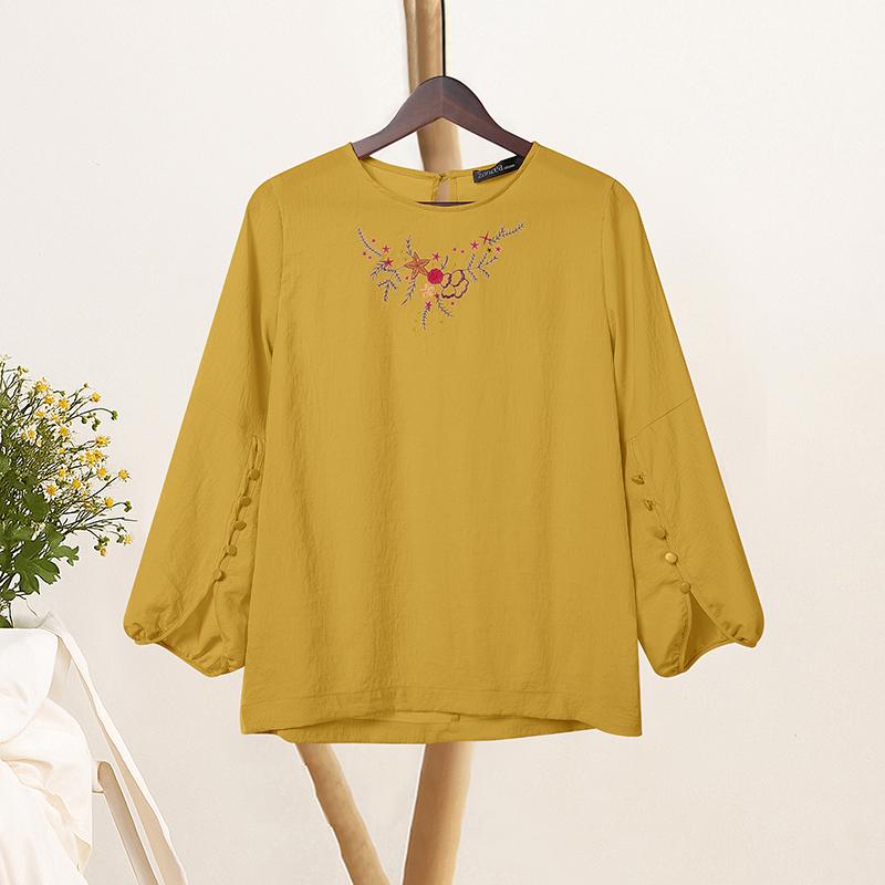 

ZANZEA Женская повседневная блузка с цветочной вышивкой, круглым вырезом и длинным рукавом 5XL жёлтый