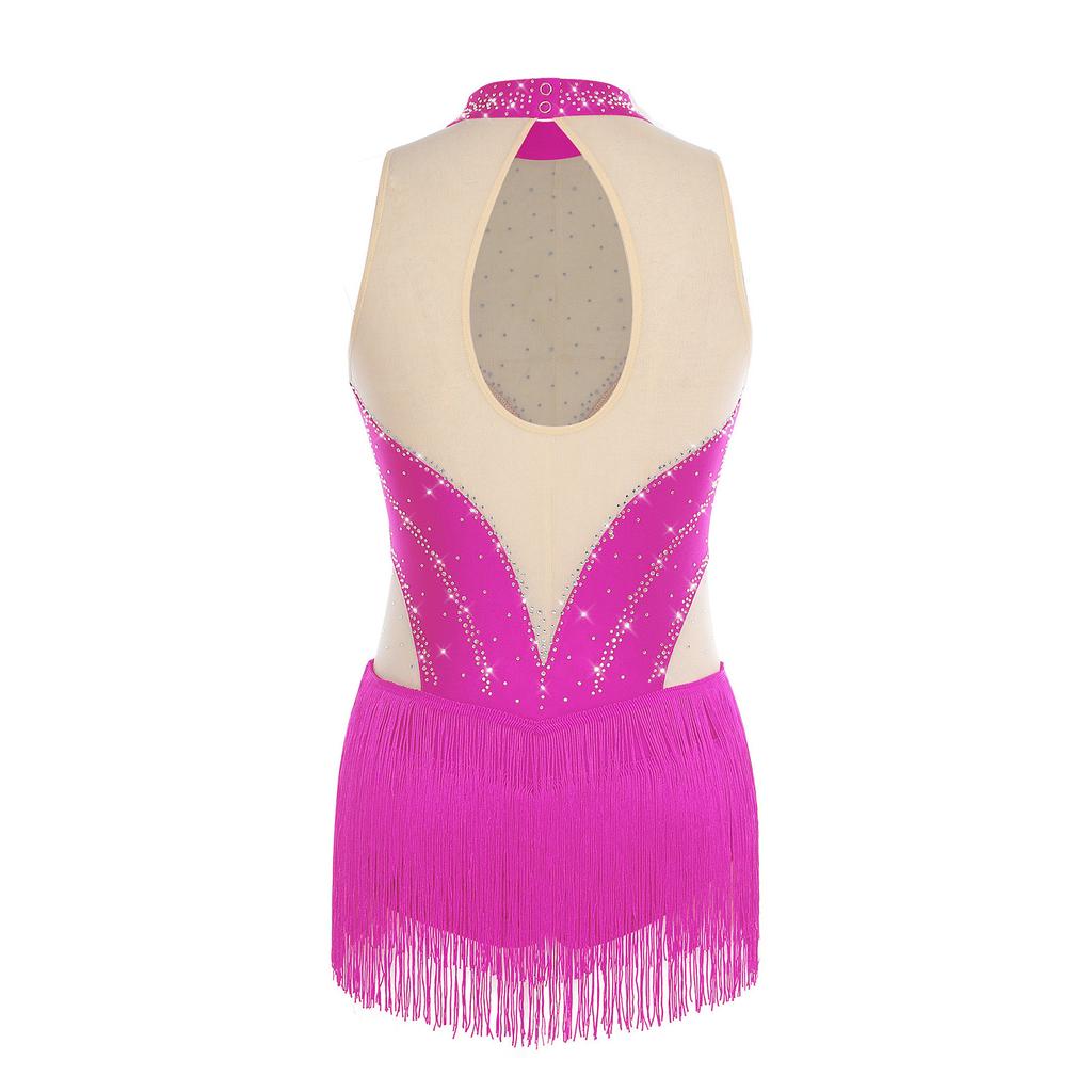 Dámský latinský krasobruslařský dres bez rukávů se zadním otvorem na klíč, třásněmi v pase a třpytivým body