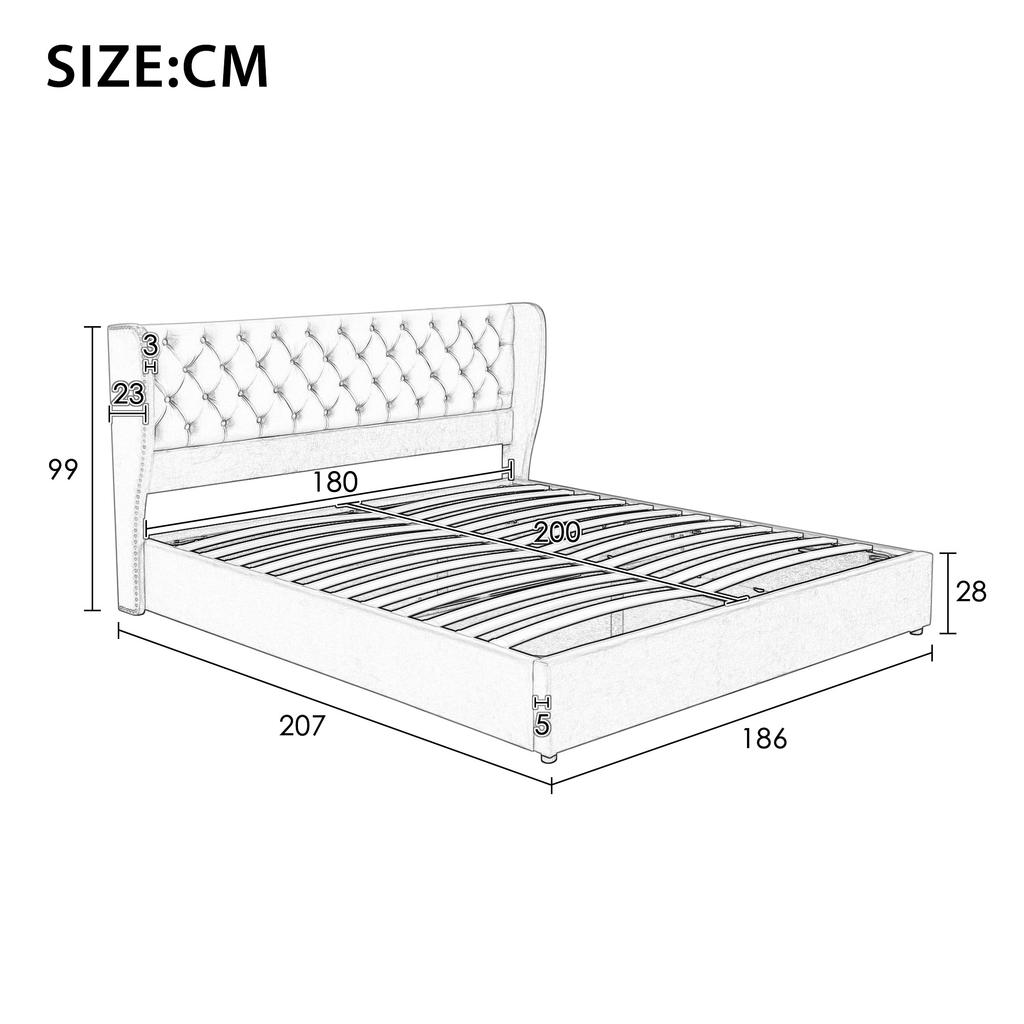 Upholstered Wingback Velvet Bed, Button Tufting, 180*200, Hydraulic Storage Bed, Slatted Frame, Underside Dirt-Repellent Black Non-Woven Fabric, Beige