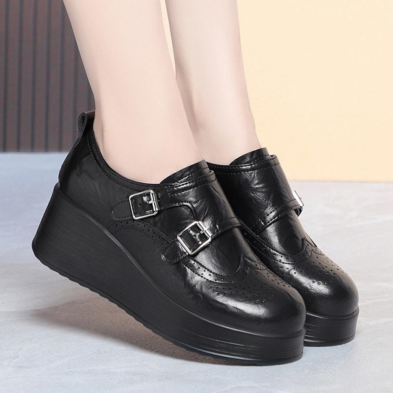 Brown Wedge Platform Shoes Double Buckle Brogue Details Comfortable Thick Sole Non Slip Elegant Dress Shoes For Daily Wear 35 3380₽