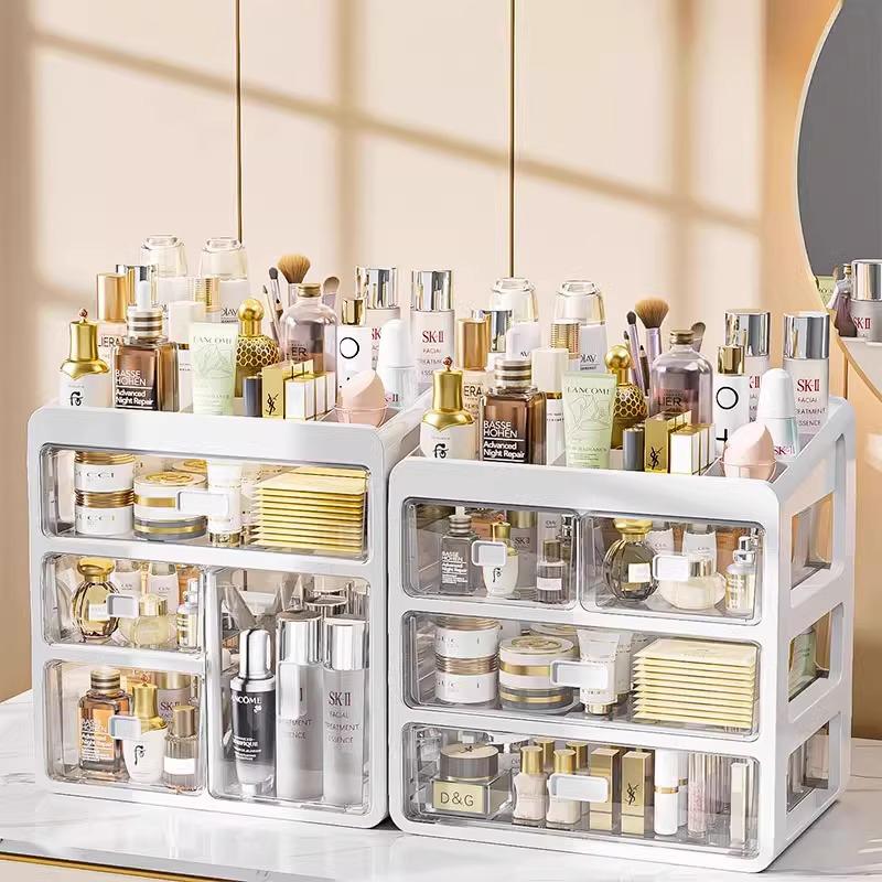 Cosmetic Storage Box with Drawers for Lipstick & Skincare - Compartmentalized Desktop Organizer for Dressing Table