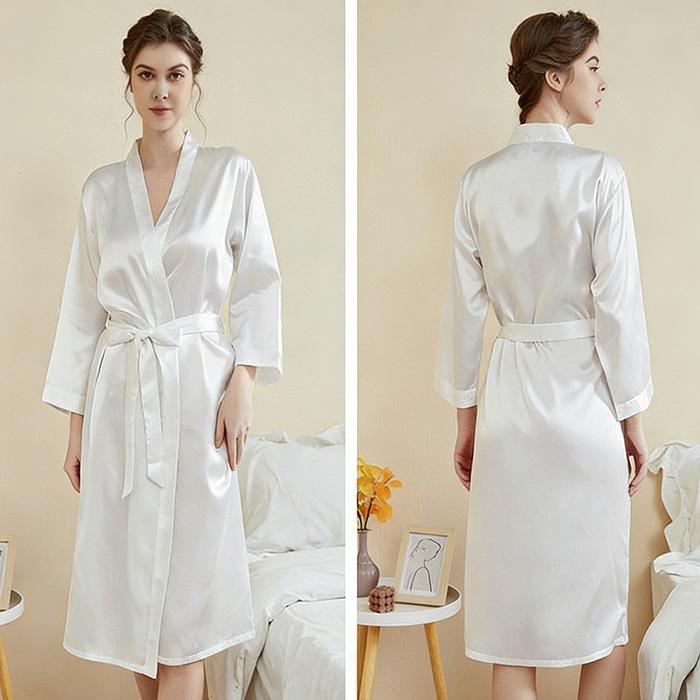 Women's Silk Bathrobe - Long Sleeve V-Neck Solid Color Loungewear House Robe
