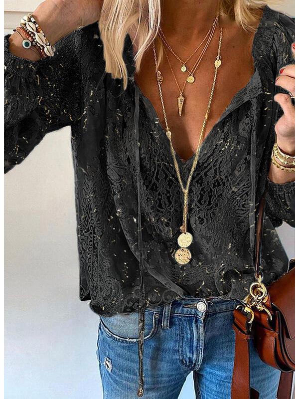 European-American Lace Print Loose-Fit Pullover Shirt