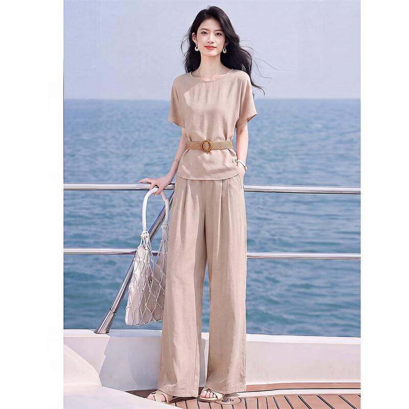 Gentle Style Round Neck Short Sleeve Top & Wide Leg Pants Set