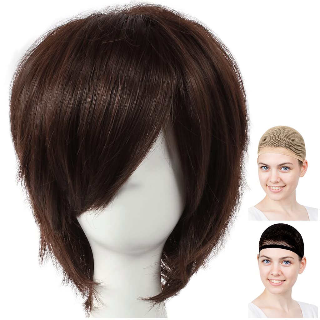 CaseEden Cosplay Wig, Short, 35cm, Heat-Resistant, Dark Brown, Includes 2 Wig Nets