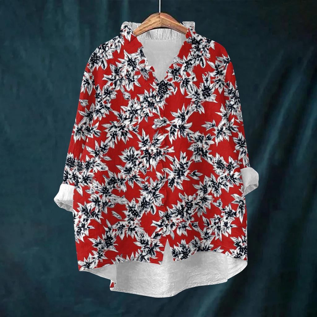 Women's Loose Ruffled Retro Floral Print Stand Collar Long Sleeve Cotton And Linen Top
