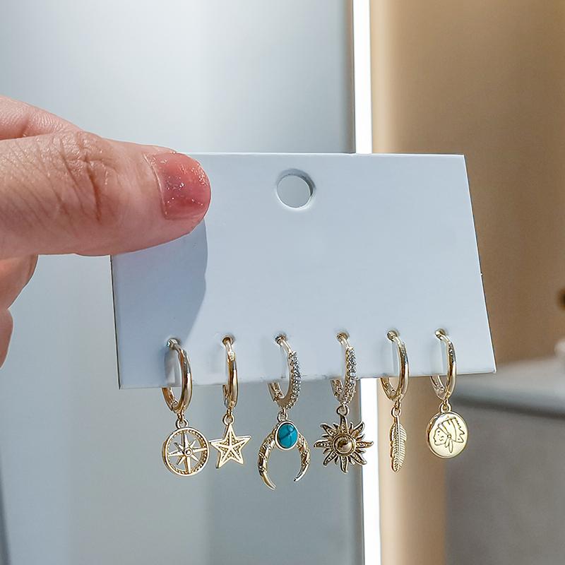 ANENJERY 6 Pieces/set Moon Sun Star Leaf Hoop Earrings Set Micro Zircon All-match Earrings for Women