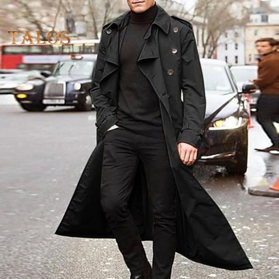 Men Trench Coat Lapel Long Sleeve Solid Color Windbreaker Double Breasted Long Style Outdoor Business Outwear