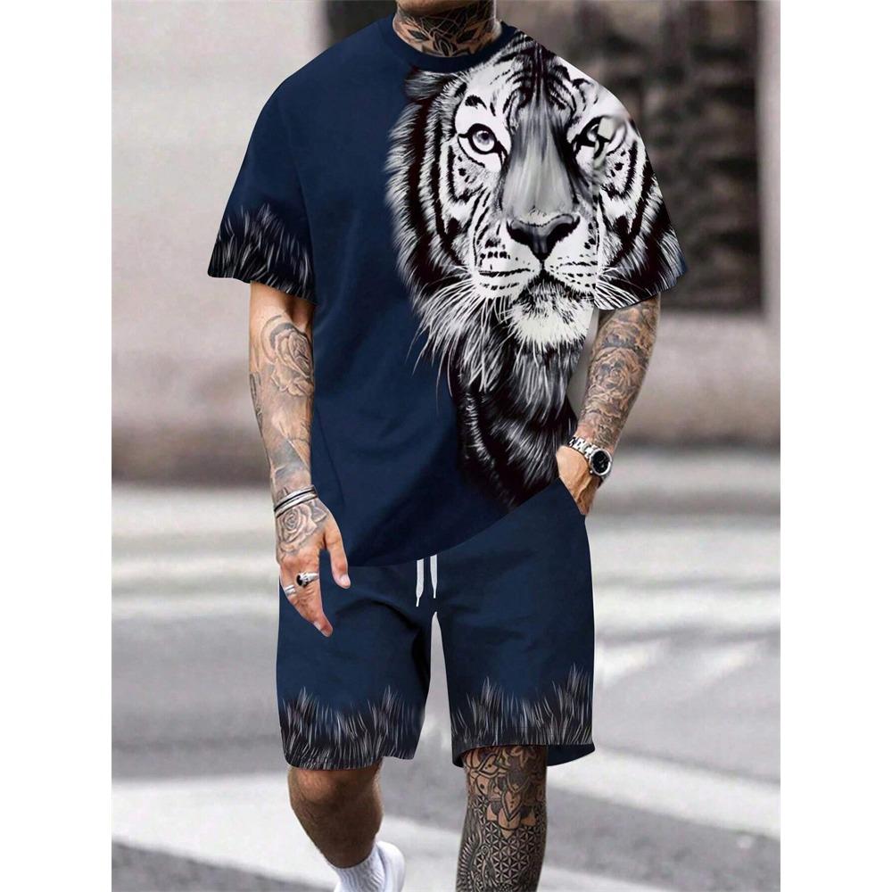 2024 New Crew Neck Short Sleeve T-shirt Fashion Shorts Set 3D Lion Print Short Sleeve Shorts 2-piece Men's Summer Sports Set
