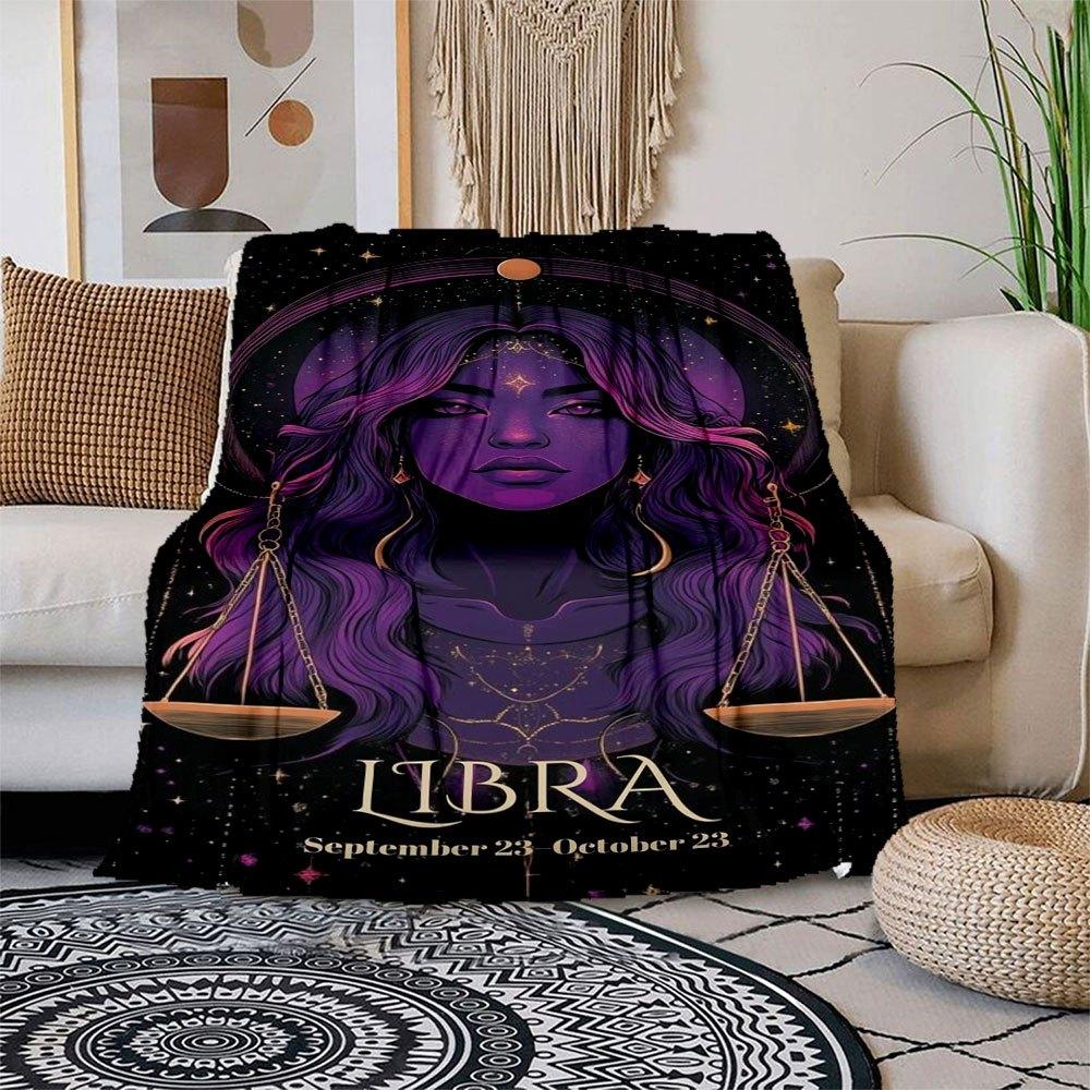 

Libra Zodiac Sign Art Print - Celestial Purple Design Blanket Flannel Throw Blanket for Sofa, Bed, Travel, Camping, Office 100x150cm