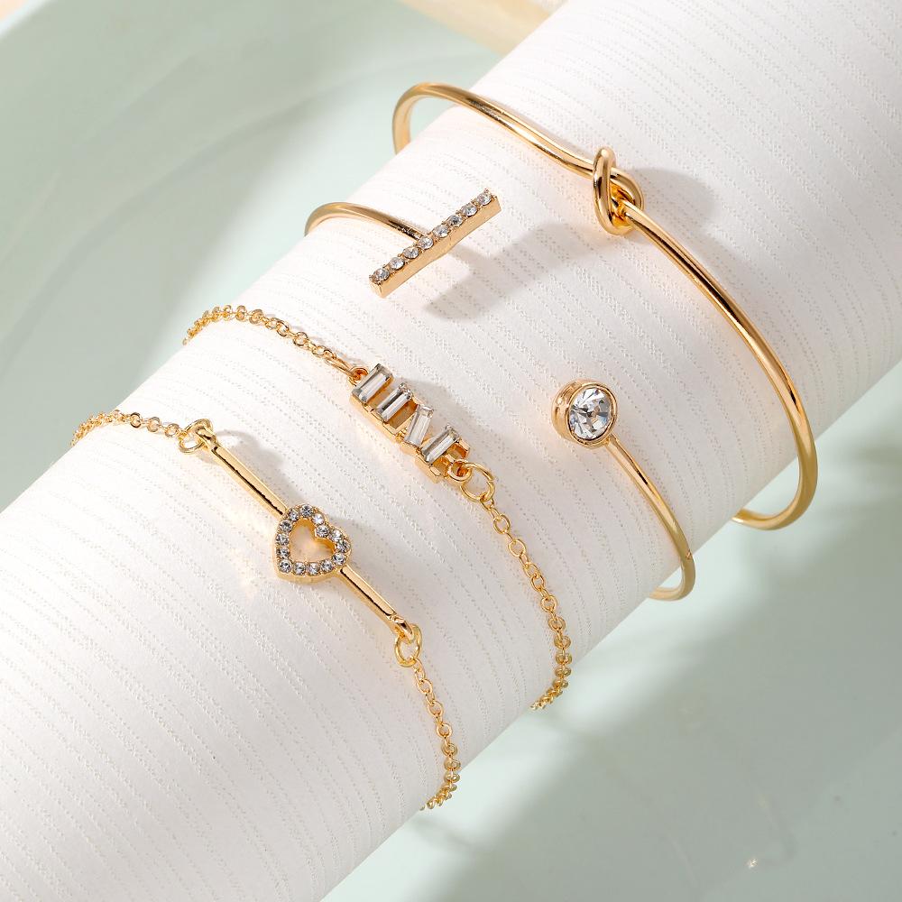 Fashionable and luxurious pearl butterfly heart-shaped open bracelet4Set European and American diamond-studded LOVE Bracelet set