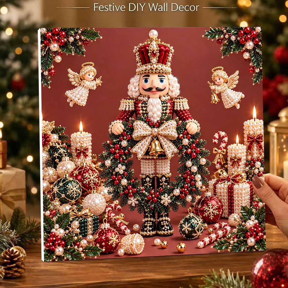 DIY Framed Pearl Painting Kit with Christmas Nutcracker and Angels Pattern 5D Sparkling Bead Art Canvas Ready to Display Holiday Home Decor Gift Idea