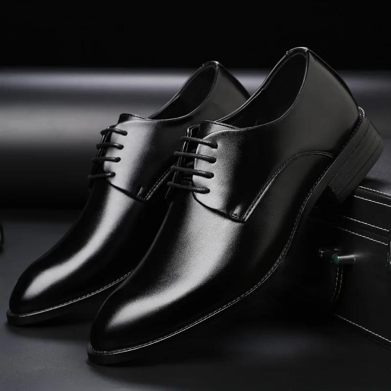 Men's Breathable Leather Shoes, Formal Business Shoes Pointed Lace Up Flat Bottom Wedding Shoes Men's Plus Size