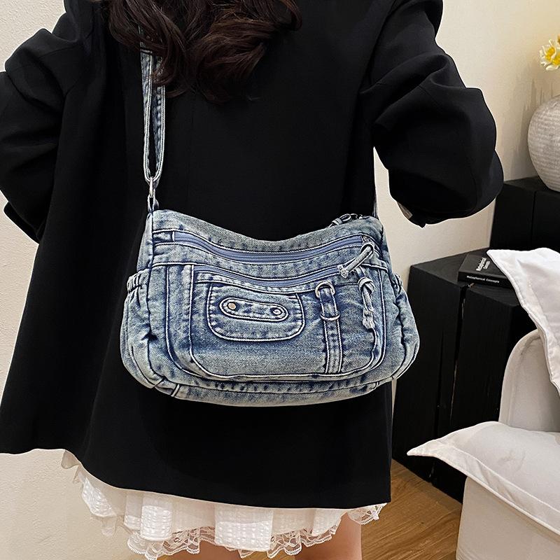 Vintage Washed Denim Bag Multi-pocket Commuter Practical Shoulder Messenger Bag Tote Bag 2025 New Bag