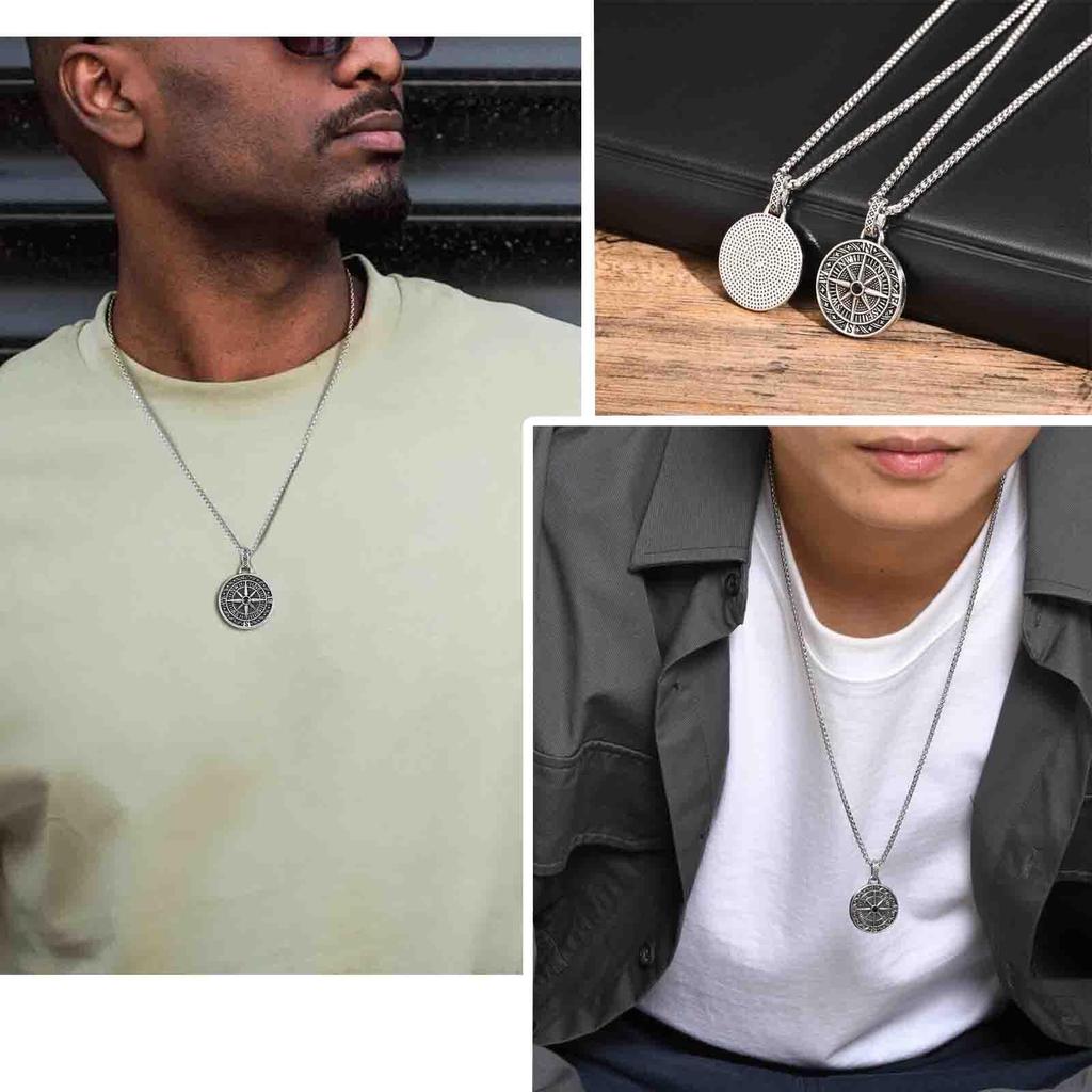 Vnox Alloy Compass Pendant Necklace for Men Women, Stainless Steel Box Chain Vintage Coin Direction Amulet 2026 Graduation Gifts