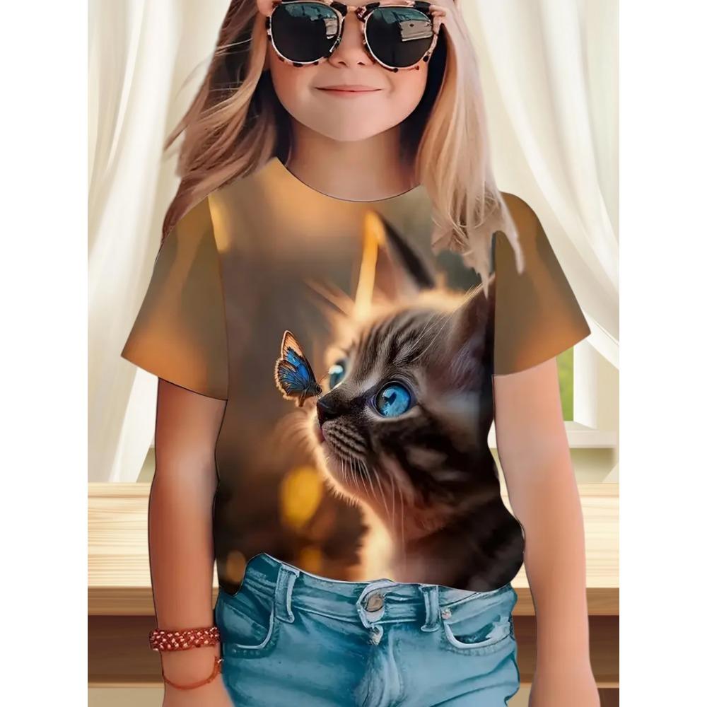 

Детская одежда Забавный кошачий принт 3D печать Летняя футболка с коротким рукавом Топ Модная одежда для девочек Топы с круглым вырезом Футболки для девочек 100