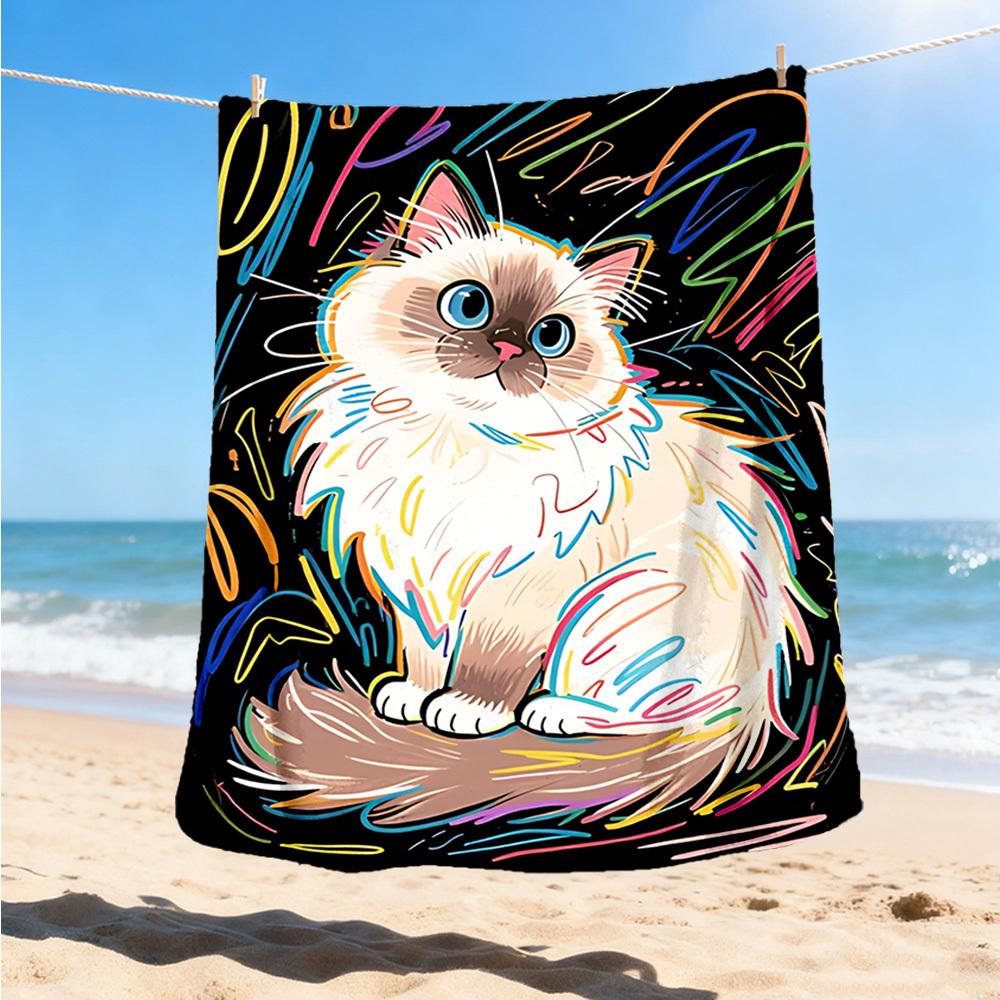 1pc Colorful Cat Artwork Throw Blanket Polyester Fiber, Lightweight Flannel, Soft & Warm, All Season Use for Outdoor, Camping