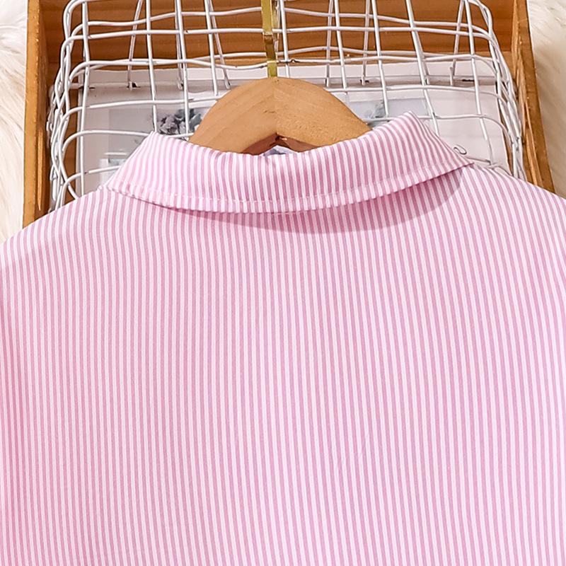 Teenagers Children Set 2025 Autumn New Girls Ripped Jeans Long Sleeve Striped Shirt Pink Hip-Hop Style Two-Piece Set