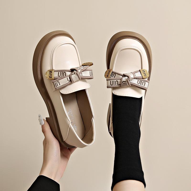 Bow Women's Autumn New Flat-bottomed British Style Light Mouth Small Leather Shoes Single Shoes Women