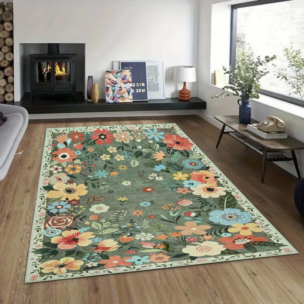 Floral Print Area Rug, Garden Inspired Carpet for Living Room, Non-Slip Washable Floor Mat Entryway Kitchen Boho Home Decor