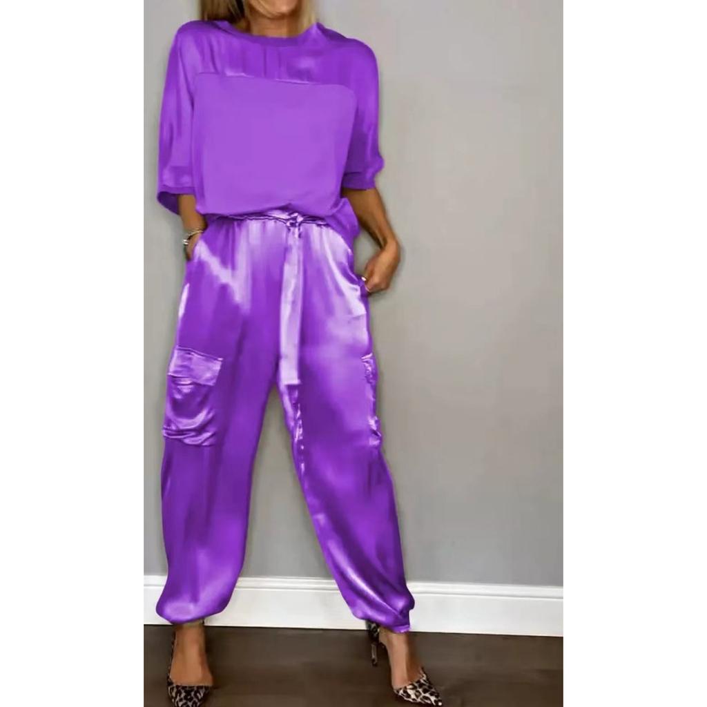 Fashionable Women's Smooth Satin Half Sleeved Upper Suit Two-piece Set