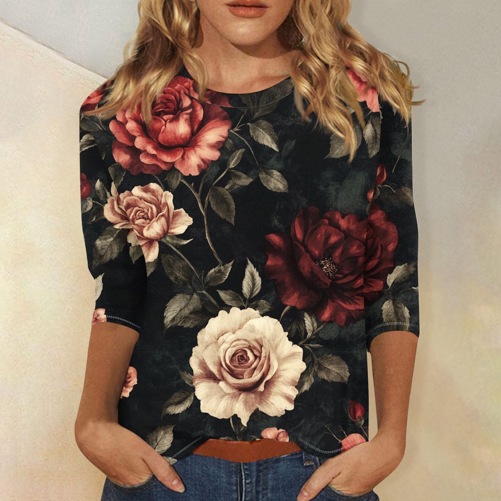 

Женская мода повседневная три четверти рукав цветочный принт круглый вырез пуловер топ XL чёрный