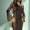 Spring Women Dress Solid Color Round Neck Long Horn Sleeve Satin Floor Length Tight Waist Soft Breathable Evening Dress Prom Party Maxi Dress