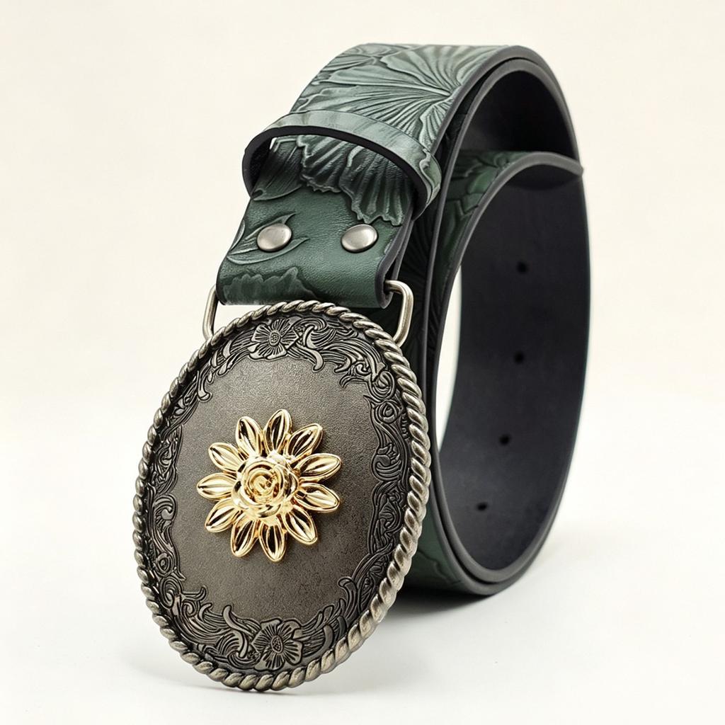 Retro Sunflower Metal Buckle Belt Female, Floral Embossed Wide Belt, Skirt Retro Style Decorative Belt