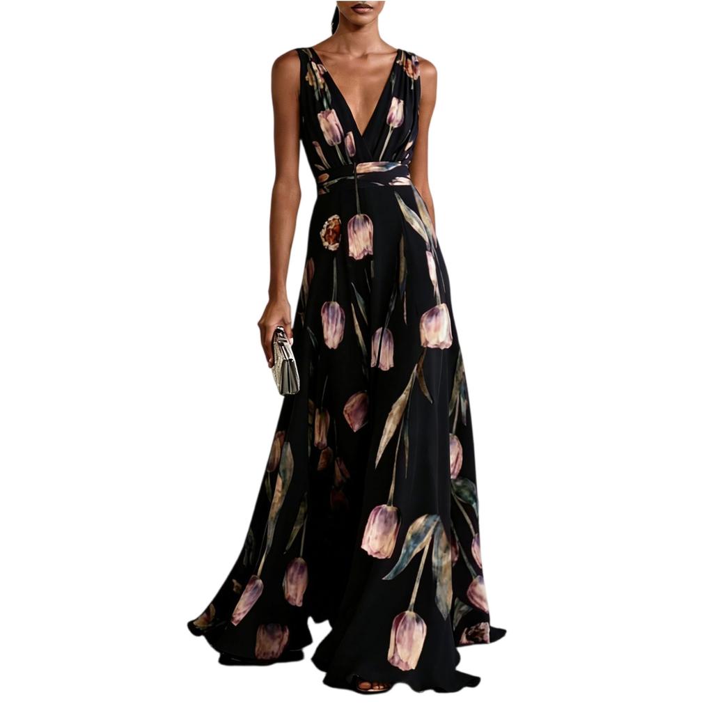 Women Sleeveless V Neck Waist Zip Floral Print Evening Gown Dress with Flowing A Line for Formal Occasions