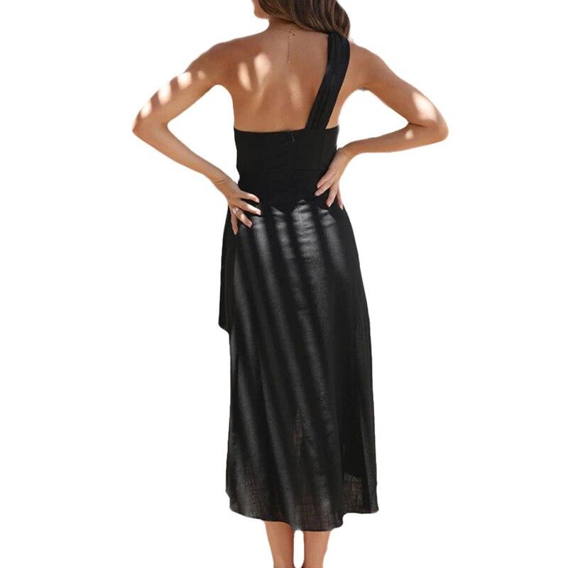 Sweet Sleeveless Pink Sexy Dress Summer Diagonal Collar Irregular Off-shoulder Dress Casual Belt Zipper Mid-length Dress 25547