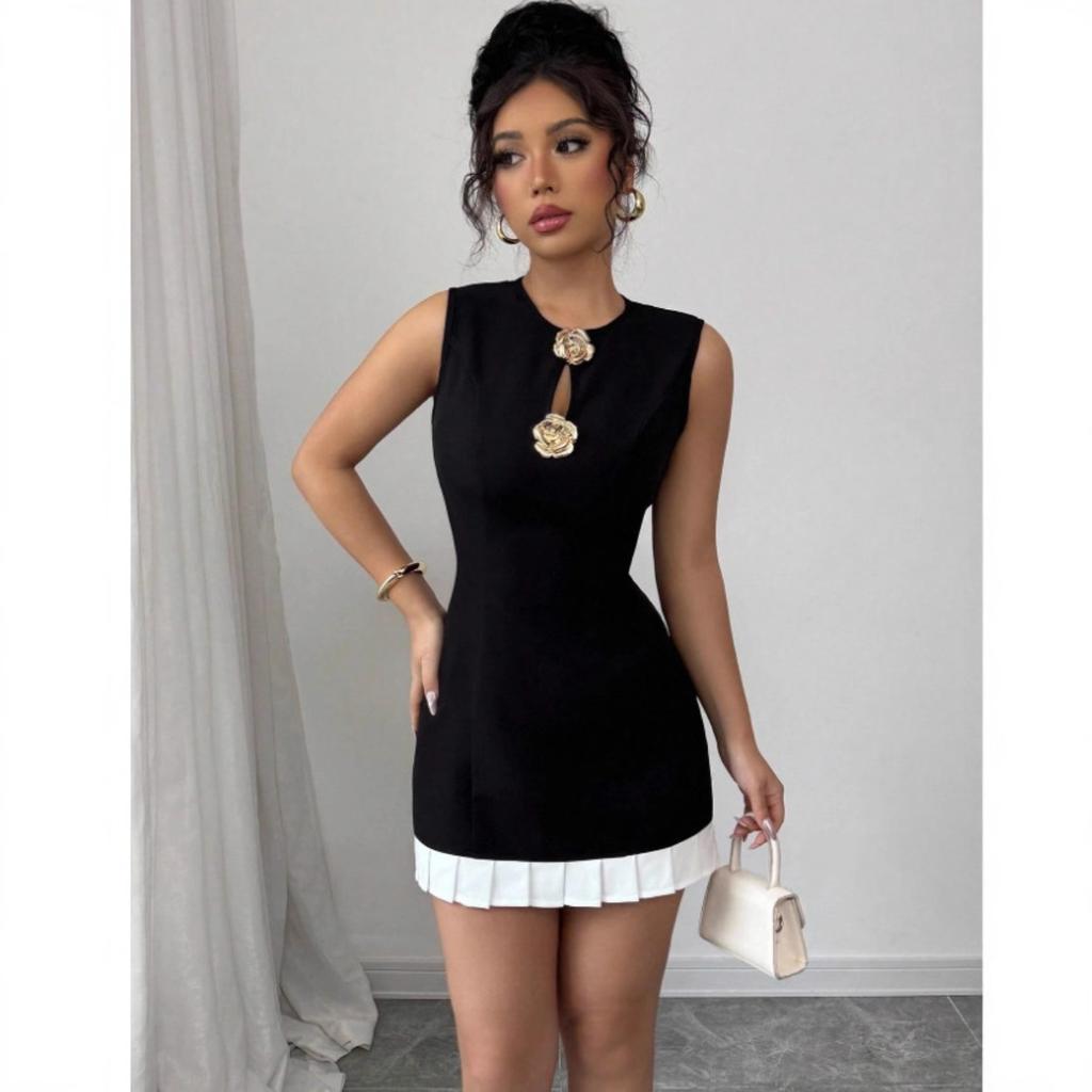 Women's Round Neck Sleeveless Mini Dress Slim Fit High Waist Elegant A-Line Dress