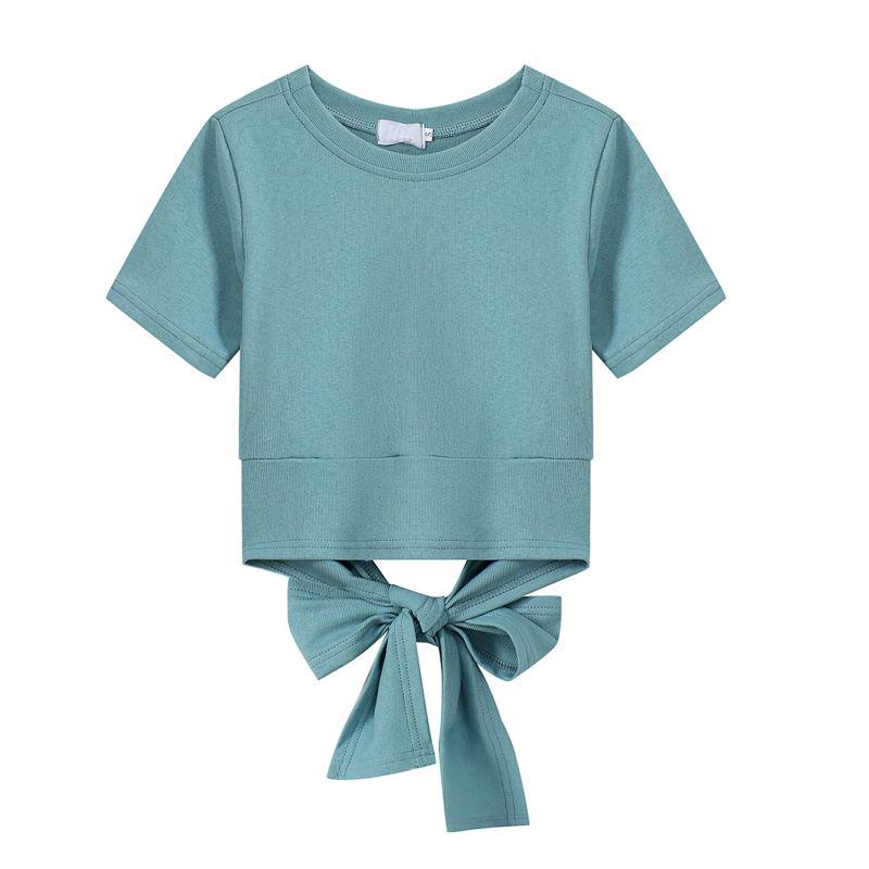 

Топ с бантом сзади, женская летняя новая универсальная короткая футболка на шнуровке с короткими рукавами XL синий