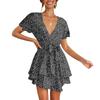 Abito da donna con volant in vita ampia stampato a maniche corte con scollo a V, casual alla moda